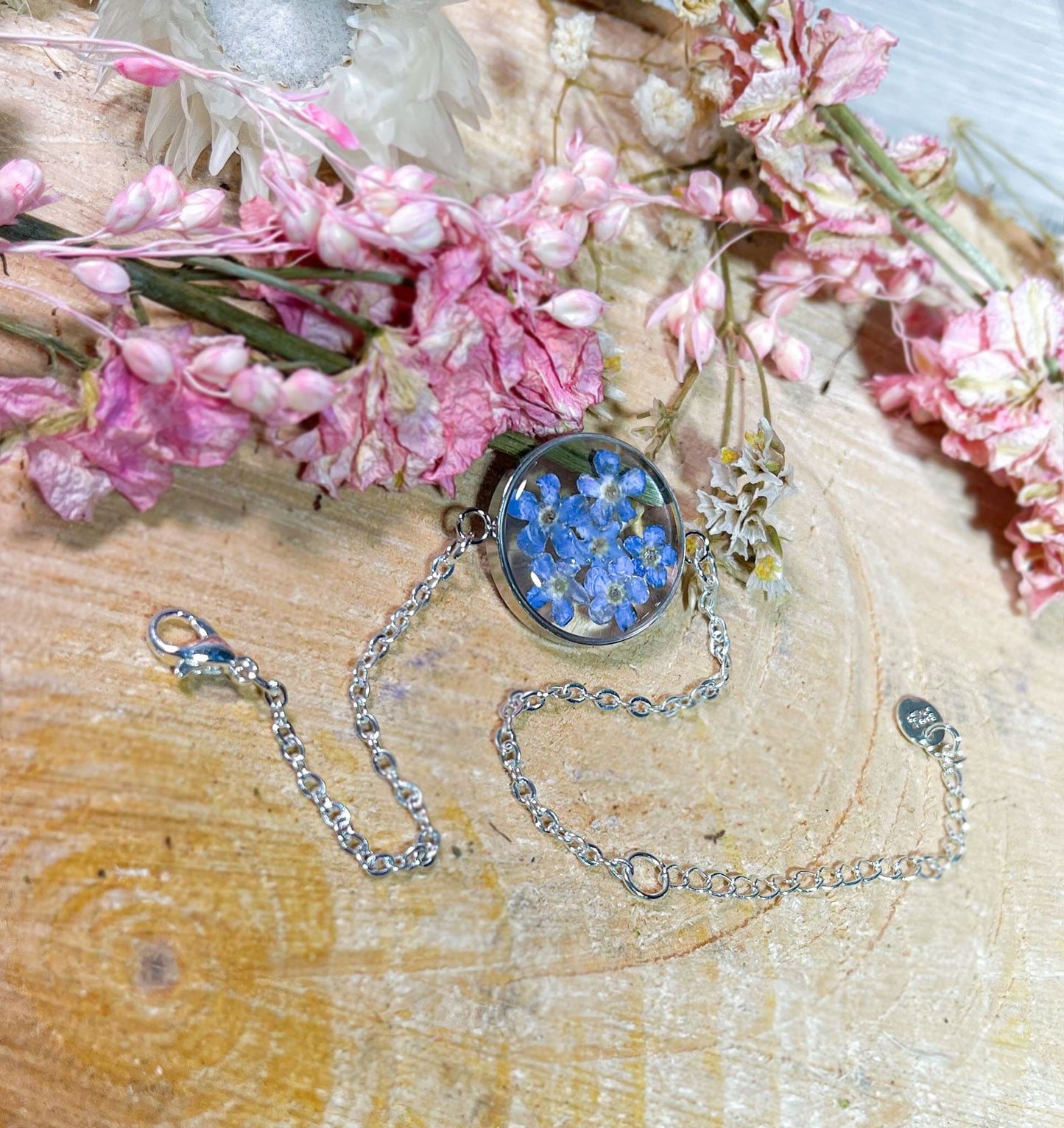 Kette Halskette Name Partner Partnerkette gold Silber Edelstahl Wunsch Geschenk Liebe Freundin Freund Mann Frau Geschenk Vergissmeinnicht Blume Vergiss mein nicht Erinnerung Diy Resin Blumen Blume Gießharz kreis