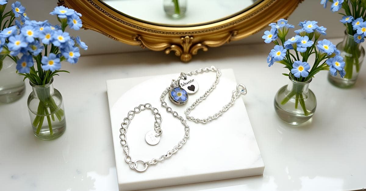Kette Anhänger Schmuck Vergissmeinnicht Vergiss mein nicht Blume Blüte Gießharz Blumenanhänger Blumenschmuck Hochzeit Brautjungfer Blumenkind Geschenk Erinnerung Erinnerungsstück Name Datum Personalisiert Urne Erinnerung Zeit Zeiten Gravur Schrift Bedeutung