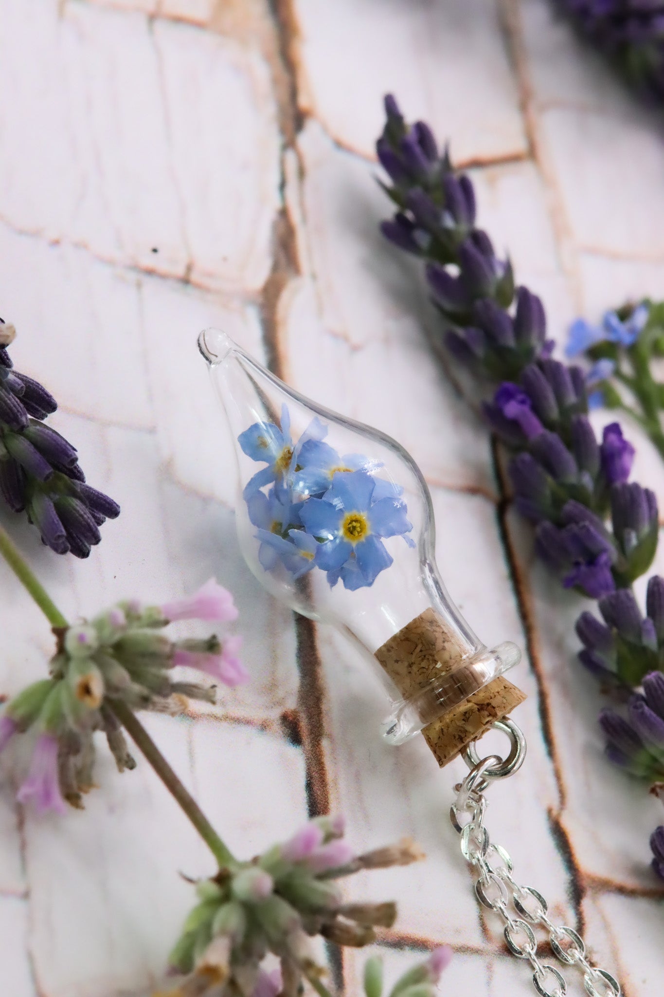 Vergissmeinnicht forgetmenot Blumen Anhänger jewelry Geschenkidee Naturschmuck girlfriend Freundin flowers Halskette Schmuck silber silver Phiole Glas Glasflasche Kork
