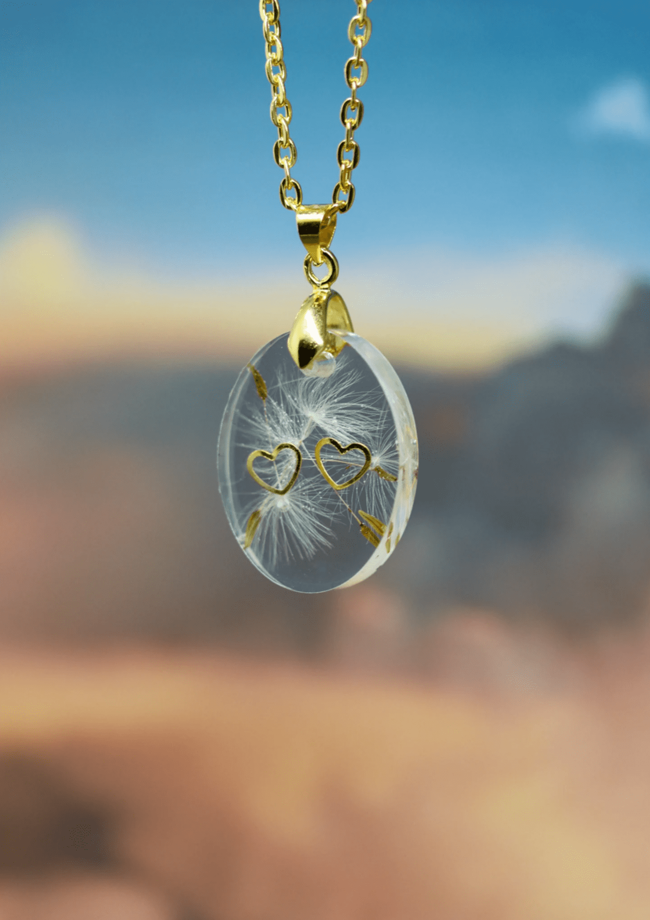 Anhänger "Doppel Herz Pusteblume" einzigartiger, ausdrucksvoller Harz Schmuck gold Halskette Kette