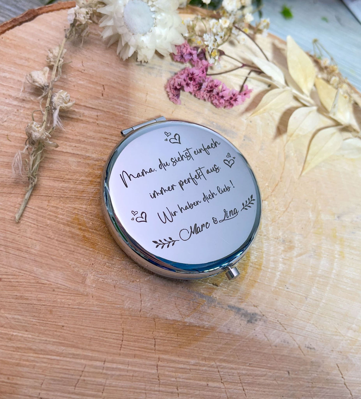 Personalisiertes Taschenspiegel-Herz – Mit Gravur Deines Textes, Verchromtes Metall