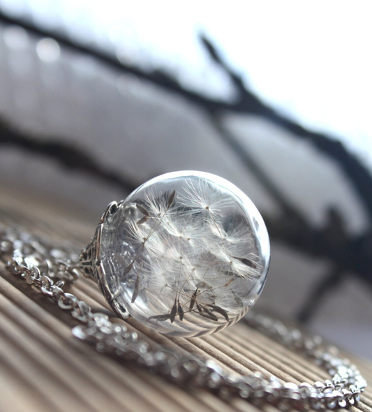 Pusteblume Dandelion Glaskugel Anhänger Kette silber Schmuck Halskette Vintage fairy jewelry necklace silver Naturschmuck