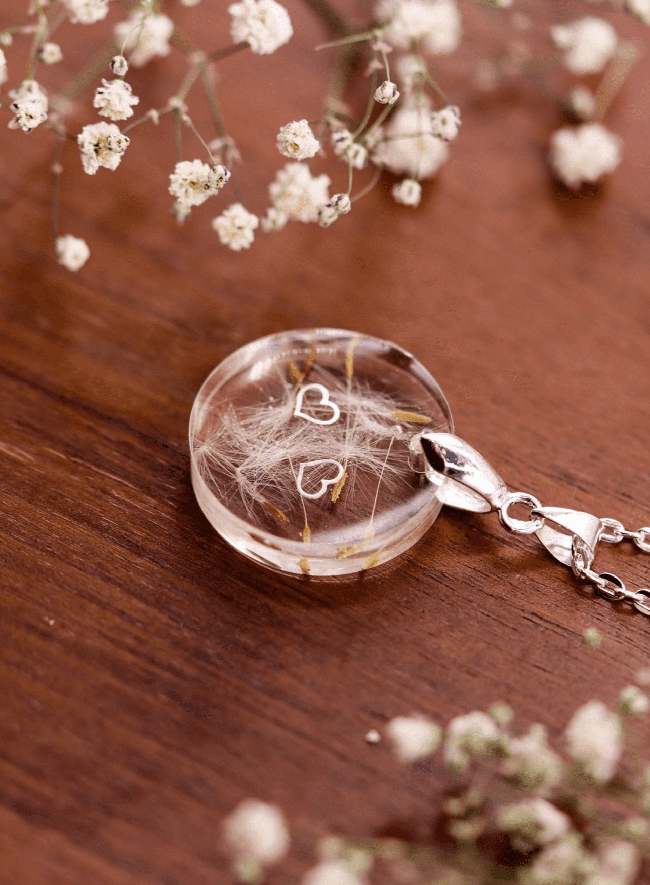 Pusteblume Dandelion Halskette Zwillingsherz Epoxidharz Schmuck zwei Herzen silber Naturschmuck