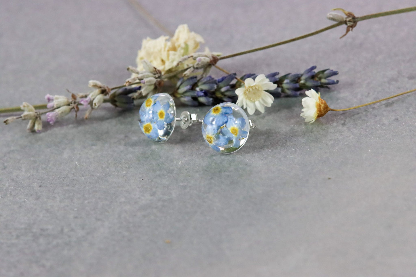 Vergissmeinnicht forgetmenot Ohrstecker earrings Schmuck silber silver Naturschmuck Epoxidharz Ohrringe earstuds elegant flowers