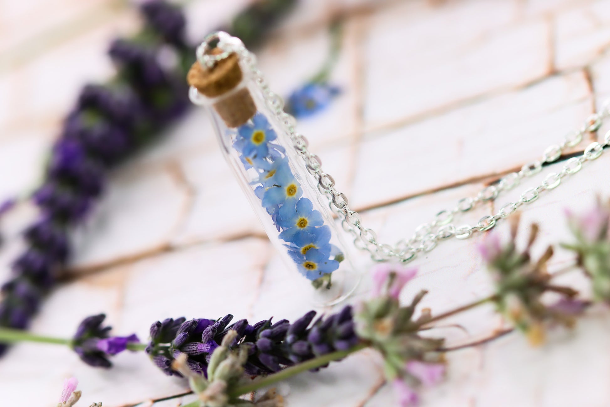 Vergissmeinnicht forgetmenot Schmuck Halskette kreativ jewelry Flasche Kork Flower Bottle long necklace girly Glas Glasflasche Naturschmuck silber silver