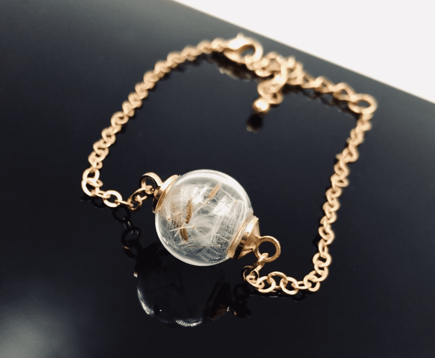 Pusteblume Dandelion Armband Gold Schmuck jewelry bracelet Brautjungfer Taufe Geschenkidee zart Naturschmuck girly Glaskugel